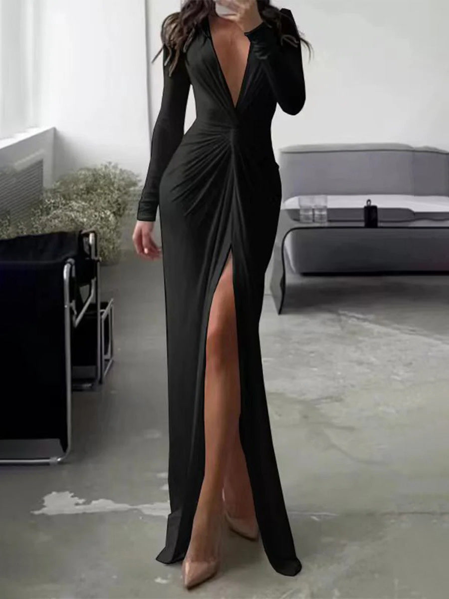Elegant V-neck Knotted Slit Long-sleeved Knitted Maxi Dress Black