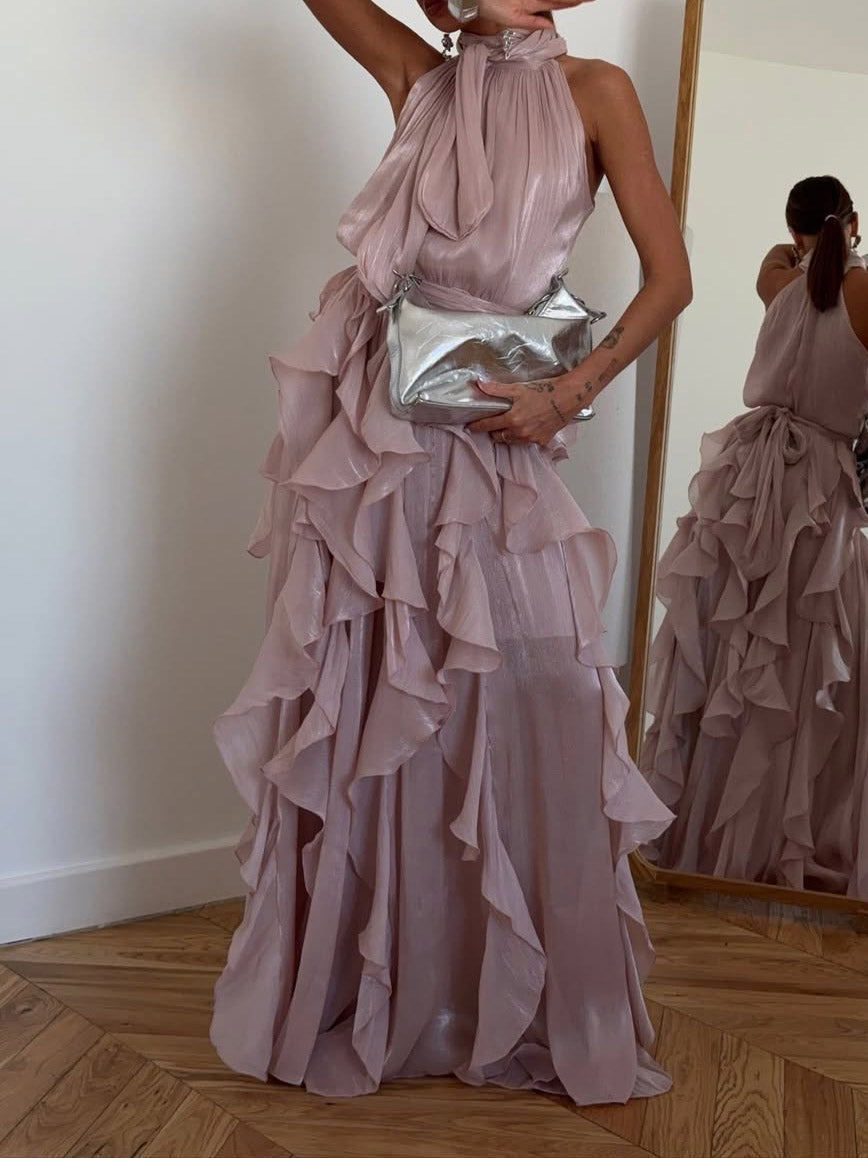 Elegant Halter Neck Ruffle Chiffon Flowy Maxi Dress Pink