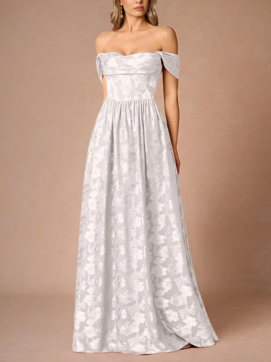 Elegant Drape Neck Floral A-Line Maxi Dress White