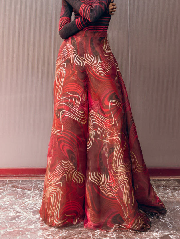 Retro Abstract Print Wide-leg Pants Multi Pants