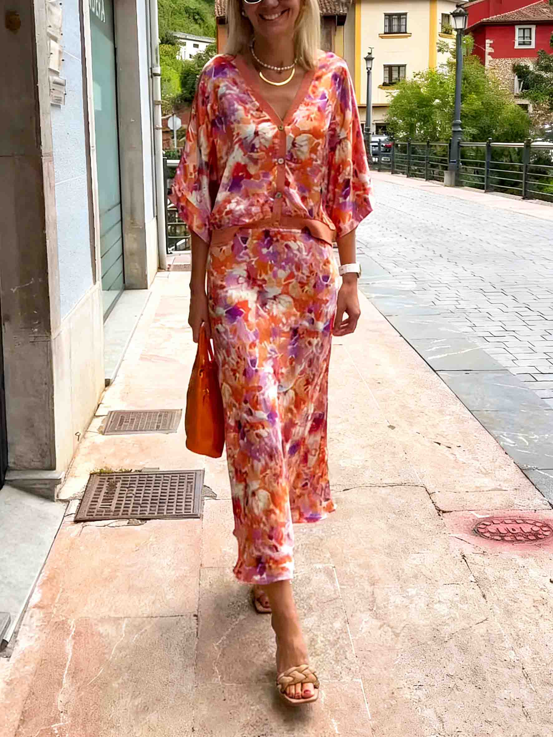 Exquisite Floral Print Satin Batwing Sleeve Shirt