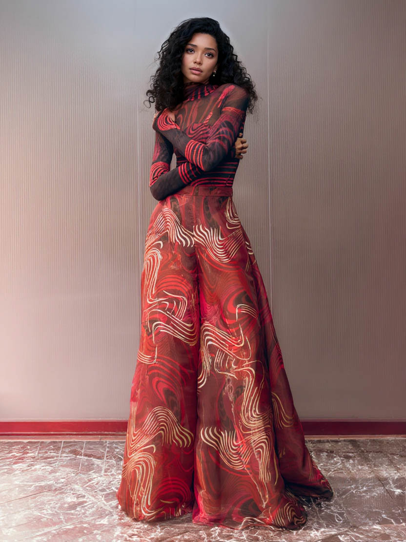 Retro Abstract Print Wide-leg Pants Multi Set