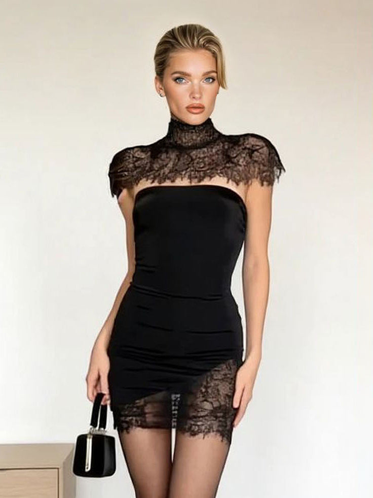 Elegant Lace Panel Strapless Bodycon Mini Dress Black