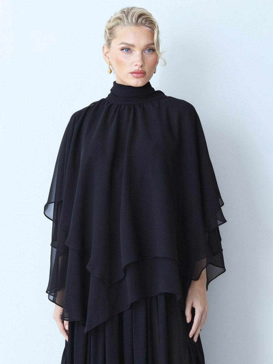 Elegant Chiffon Cape Top And Tiered Maxi Skirt Two-Piece Set Black Top