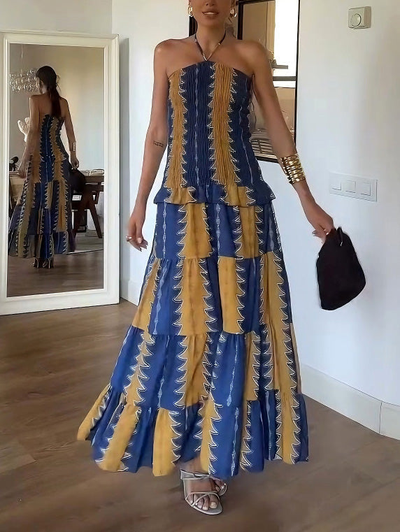Relaxed Low-rise Floral-print Tiered Maxi Dress Yellow & Blue