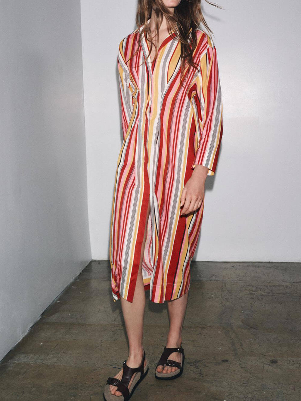 Unique Striped Print Shirt-Style Midi Dress Red