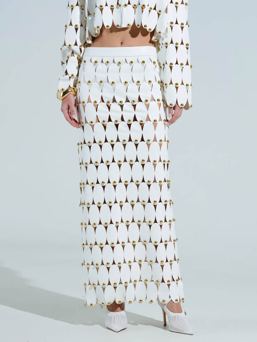 Exquisite Cut-Out Studded PU Cropped Cardigan Top And Maxi Skirt Set