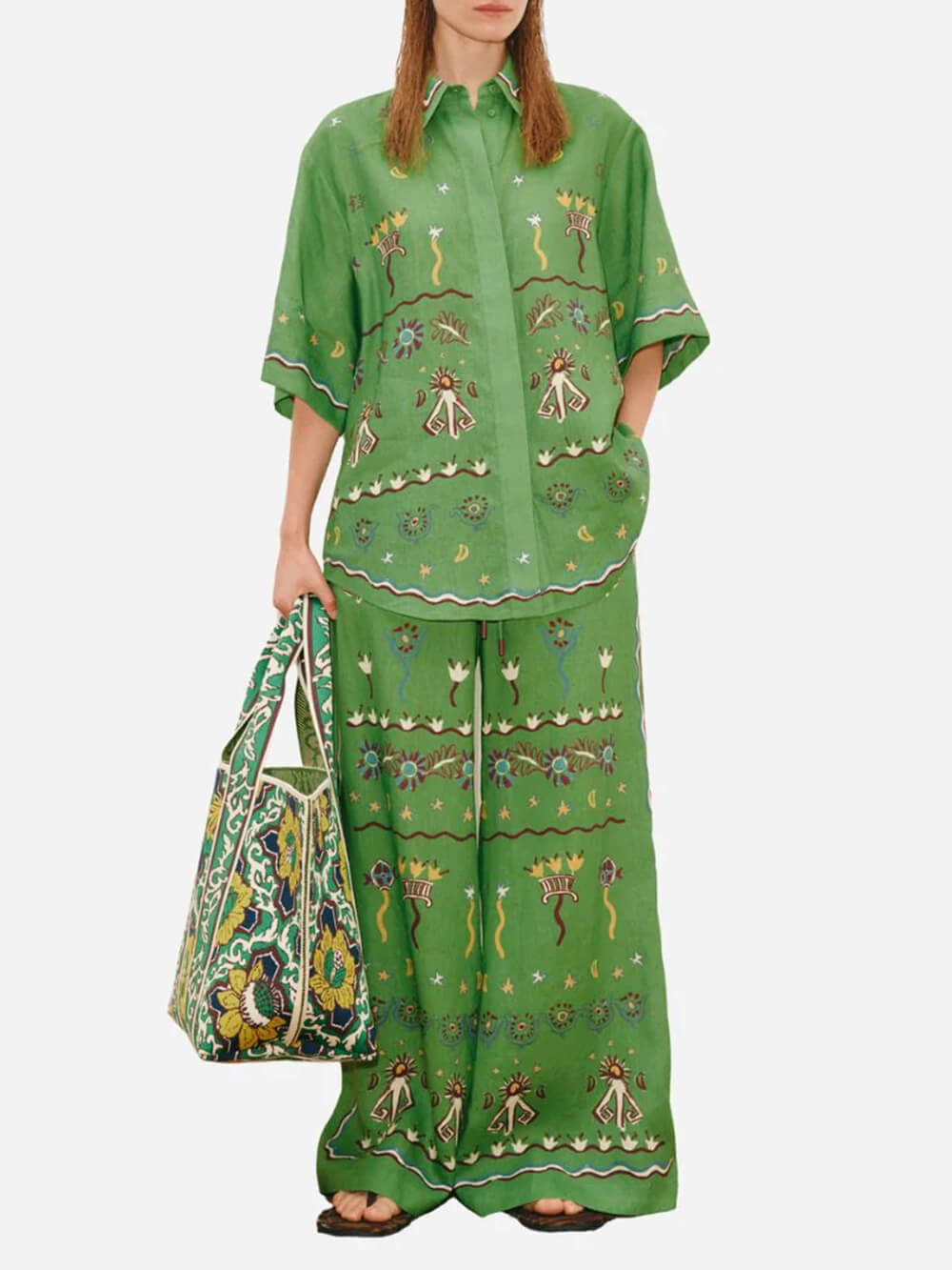 Unique Casual Sun Dancer Print Loose Button-Down Shirt Green Set