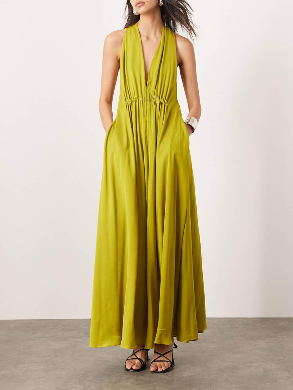 Elegant Modern Ruched Satin Pocket Backless Maxi Dress Yellow