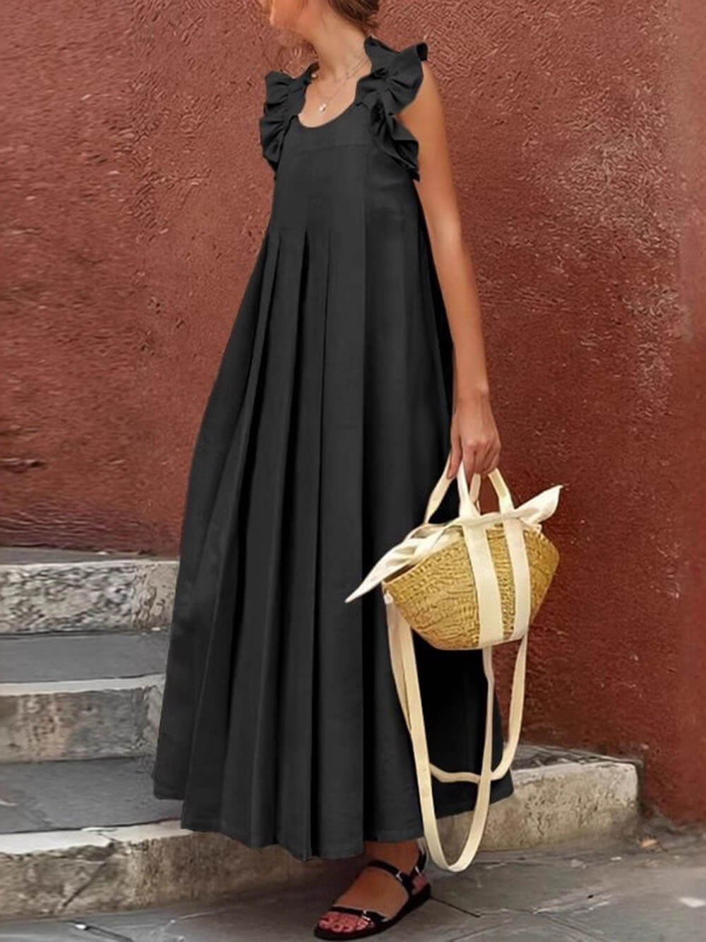 Fashionable And Casual Ruffled Decorative Pleated All-Match Holiday Maxi Dress Black