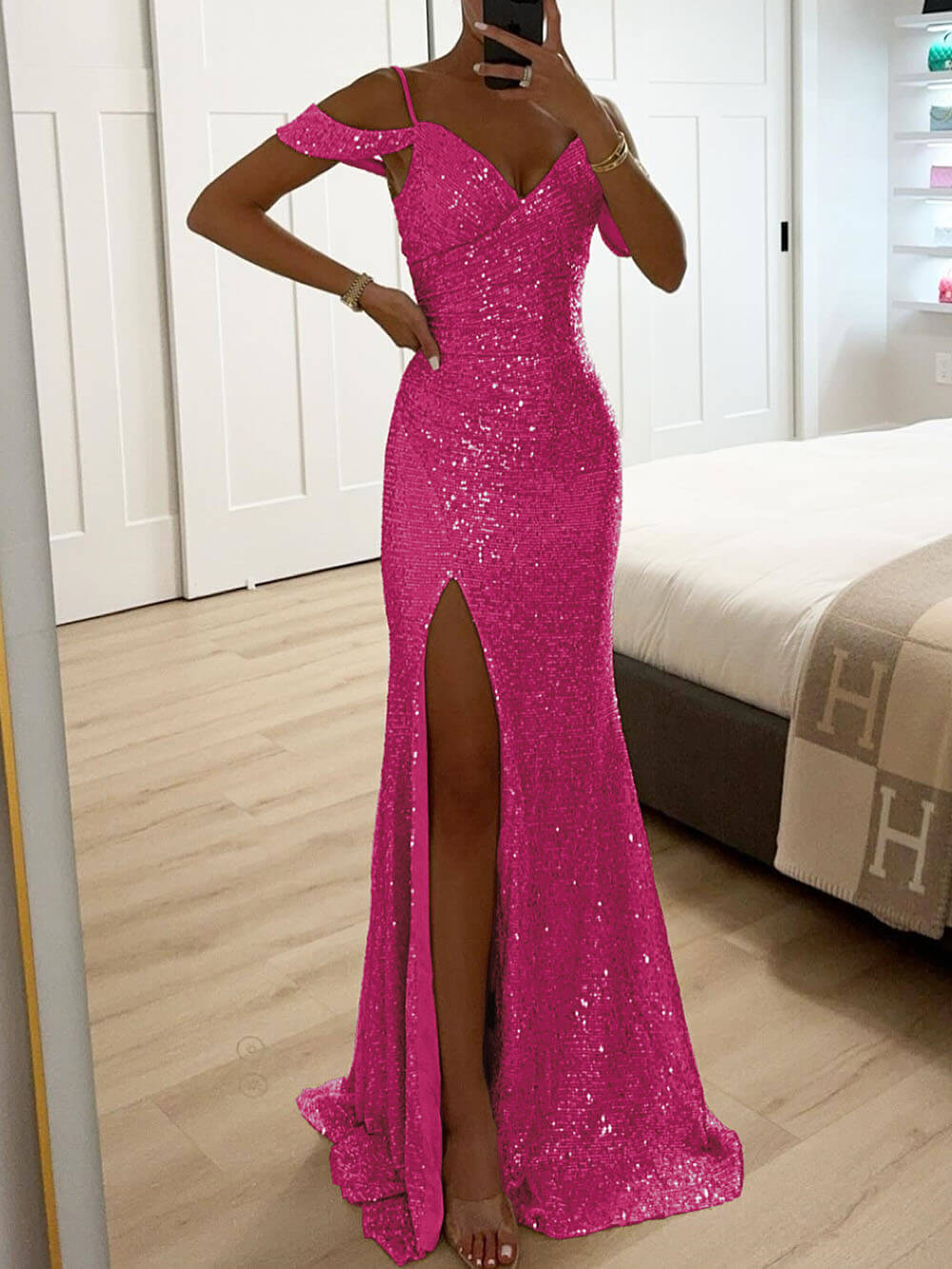 Elegant V-Neck Sequin Side-Slit Sleeveless Gown Maxi Dress Rose Red
