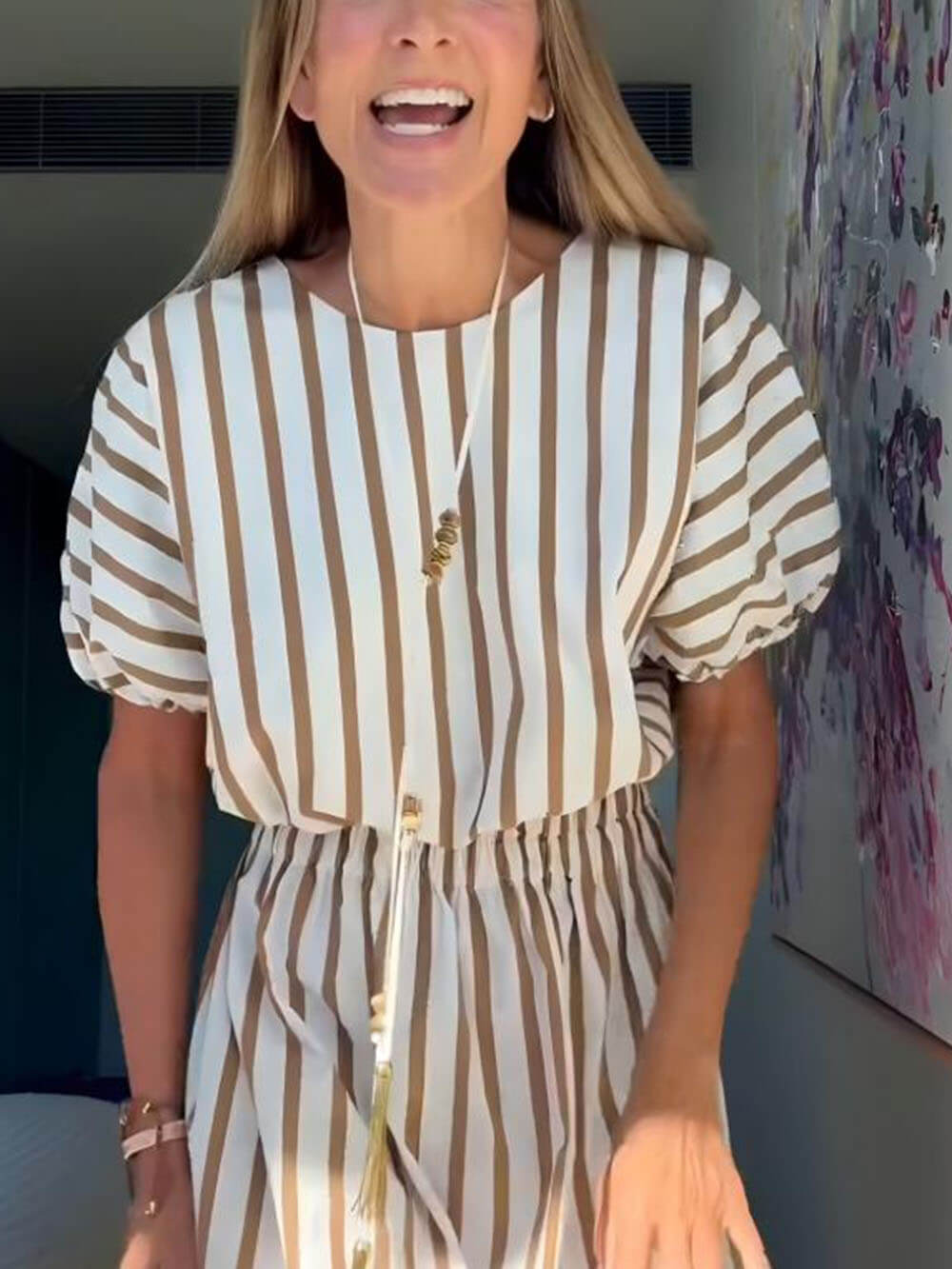 Exquisite Unique Striped Print Drawstring Loose Tops White