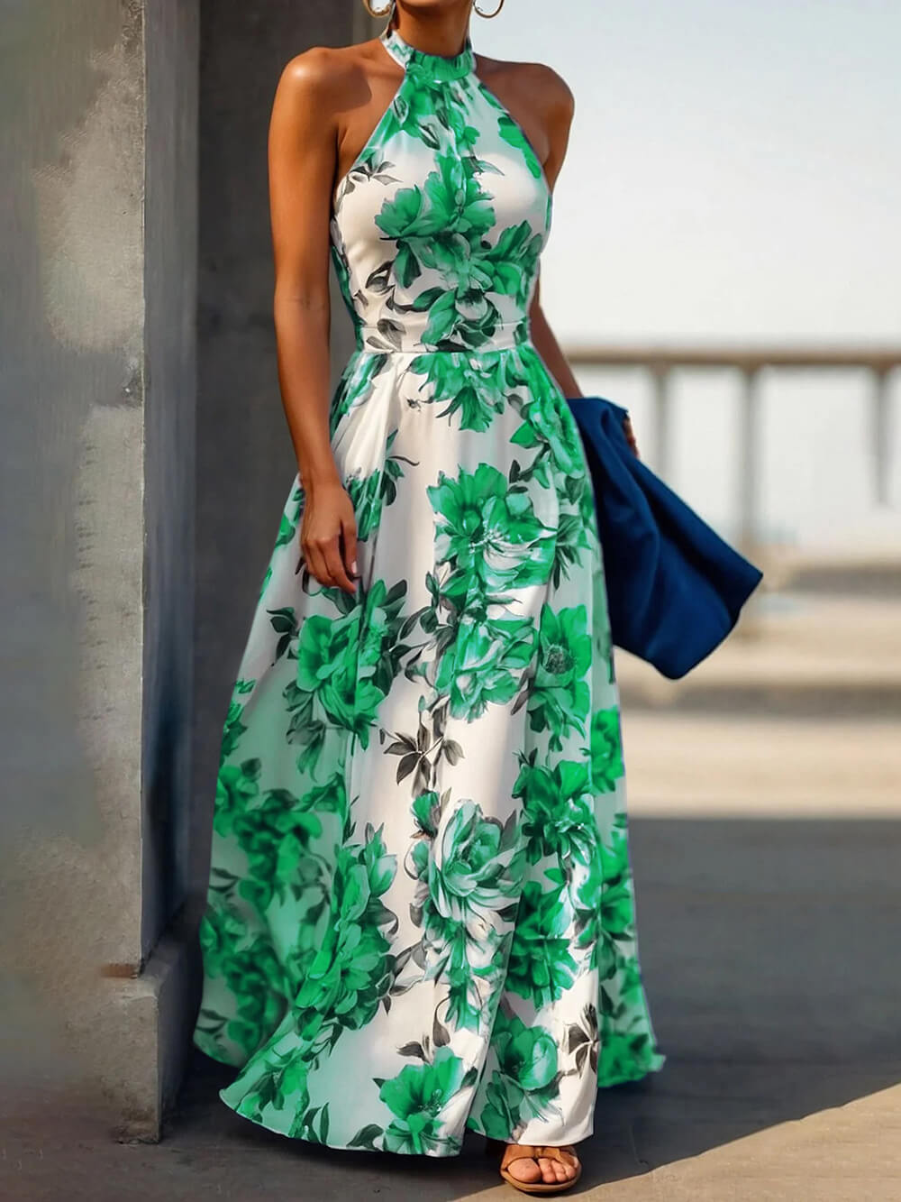 Elegant Floral Print Halter Neck Holiday Style Slim Maxi Dress Green