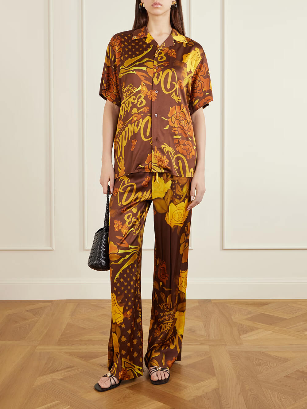 Unique Printed Satin Elastic Waist Pocket Wide-Leg Pants