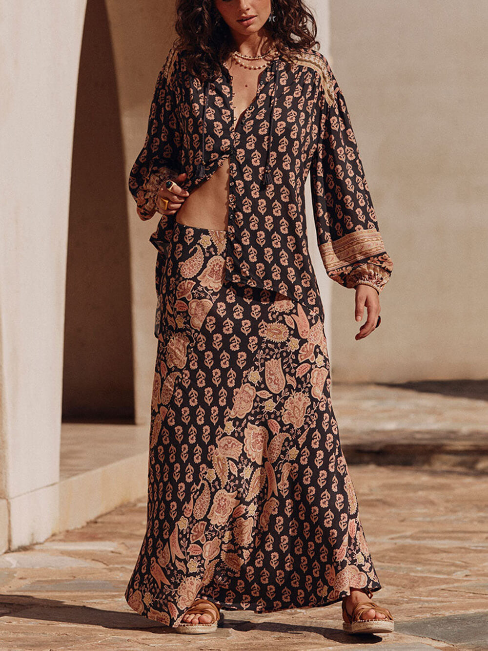 Boho Printed Draped Loose Maxi Skirt