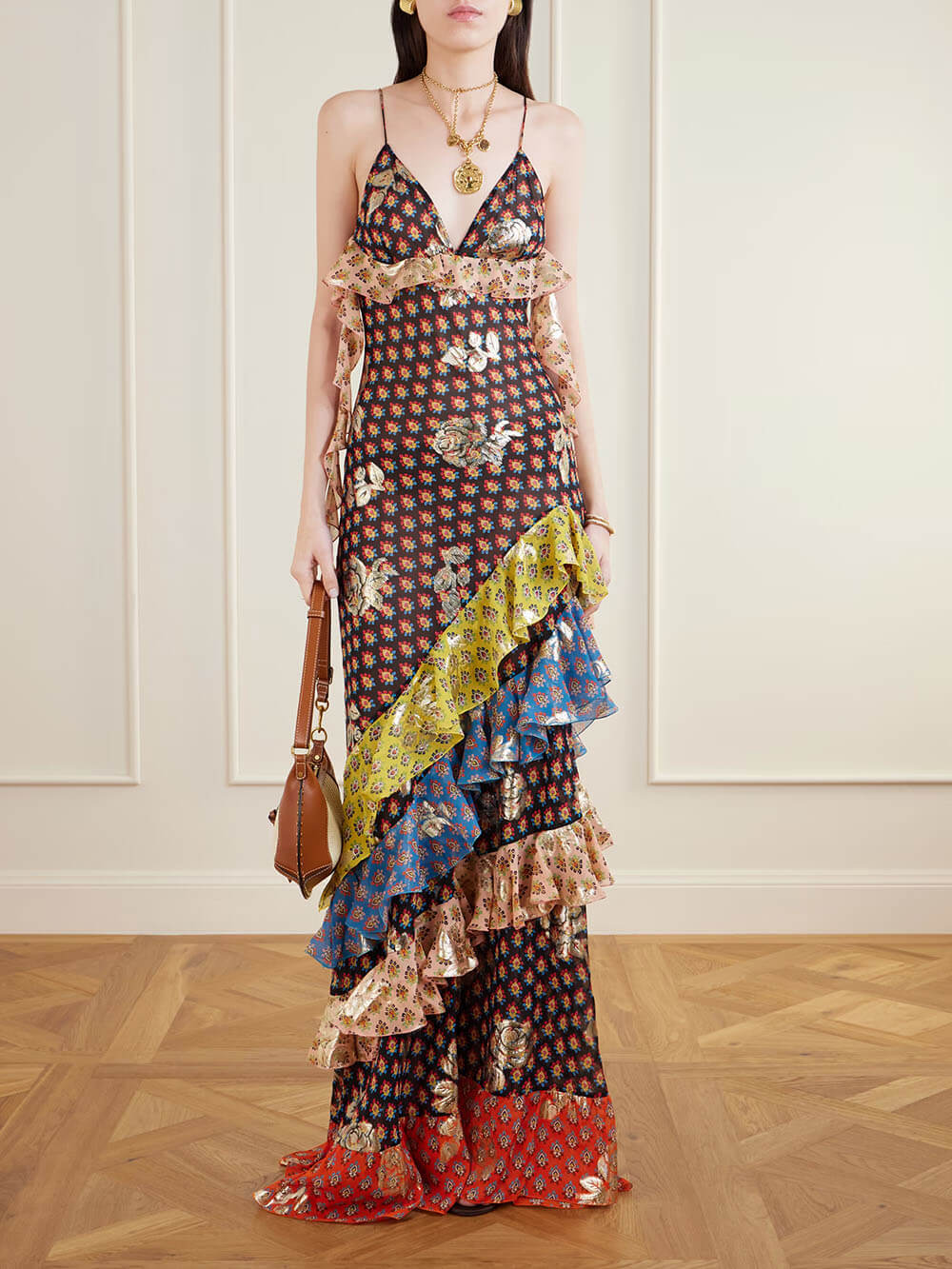 Delicate Ruffled Tiered Printed Metallic Chiffon Maxi Dress Multicolor