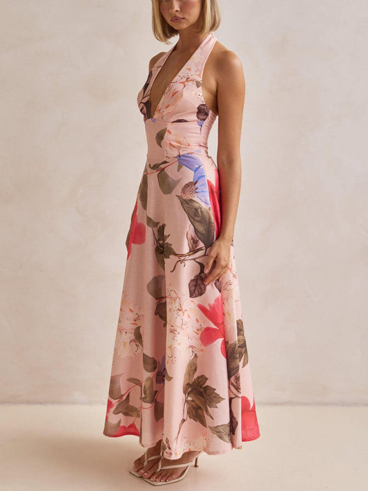 Retro Terez Linen Floral Print Halter Backless Tie-Up Maxi Dress