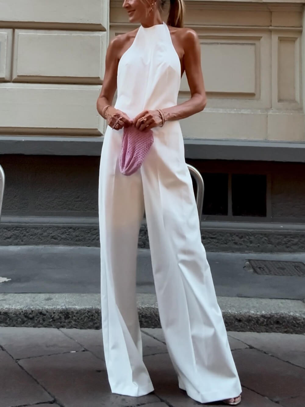 Elegant Backless Halter Jumpsuit White