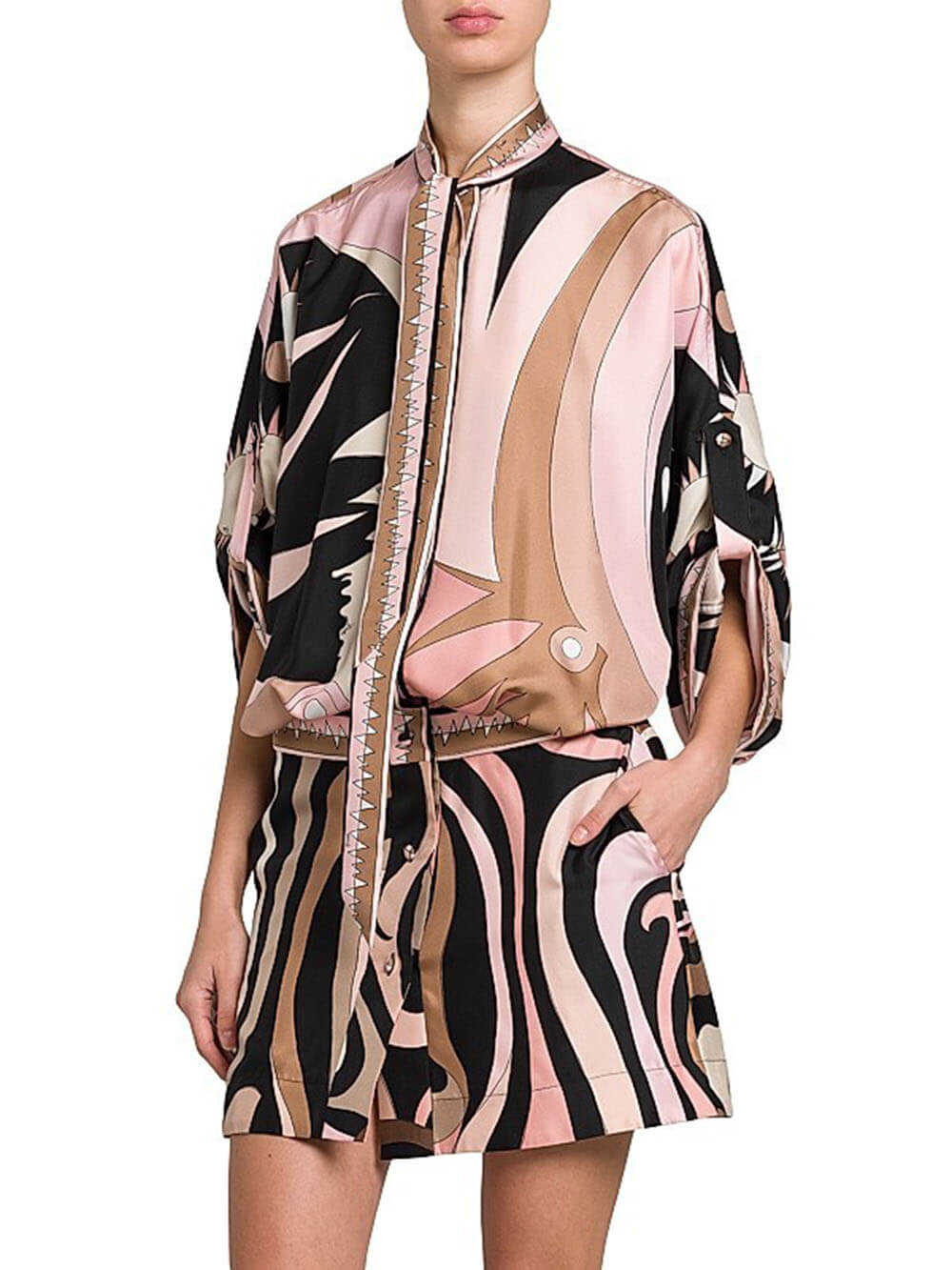 Unique Printed Batwing Sleeve Button-Front Twill Shirt Mini Dress Multicolor