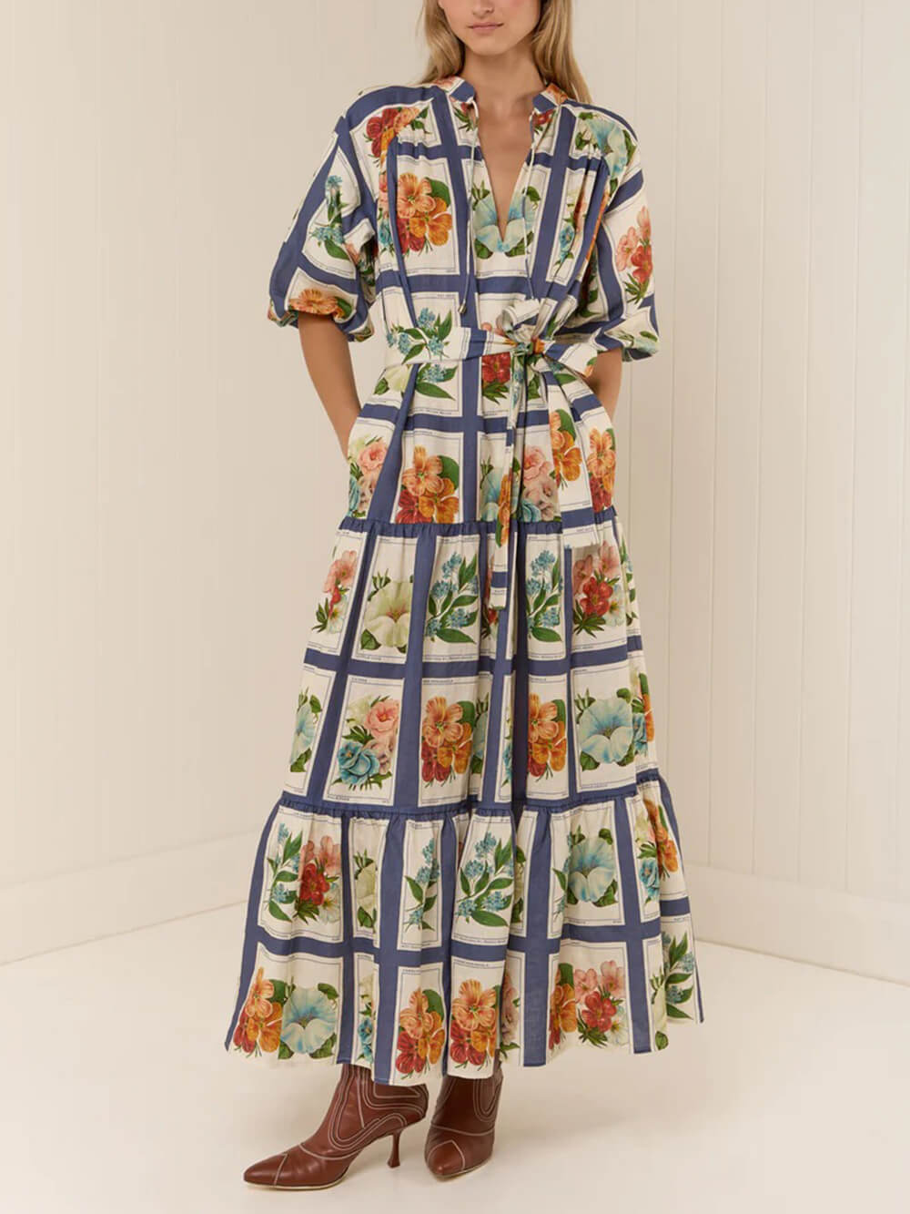 Retro Botanical Print Maxi Dress Blue