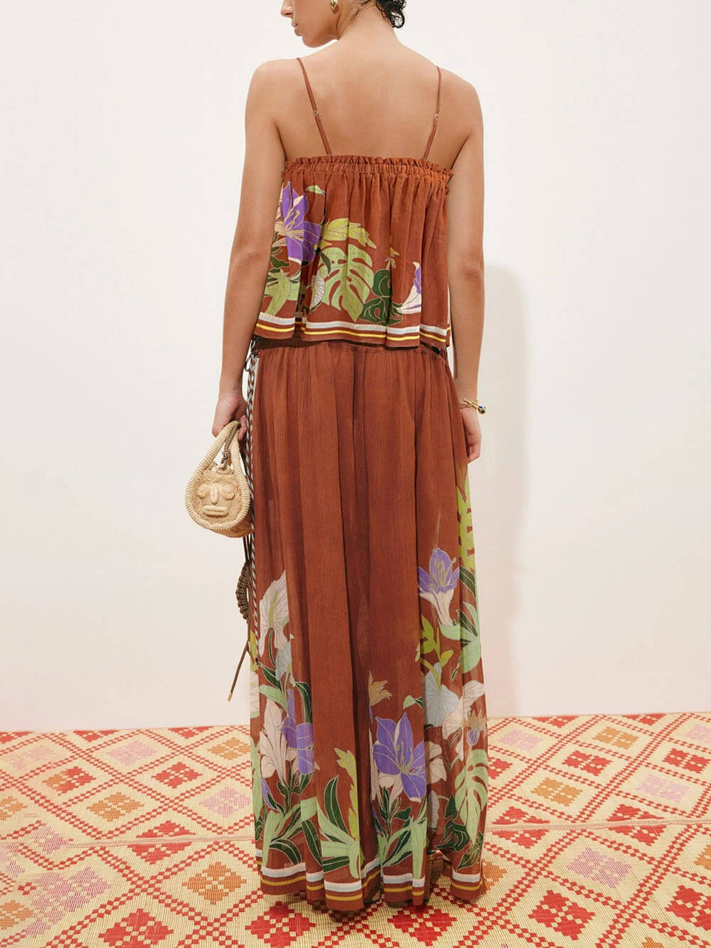 Delicate Ruffle Printed Drawstring Slit Wide-Leg Pants