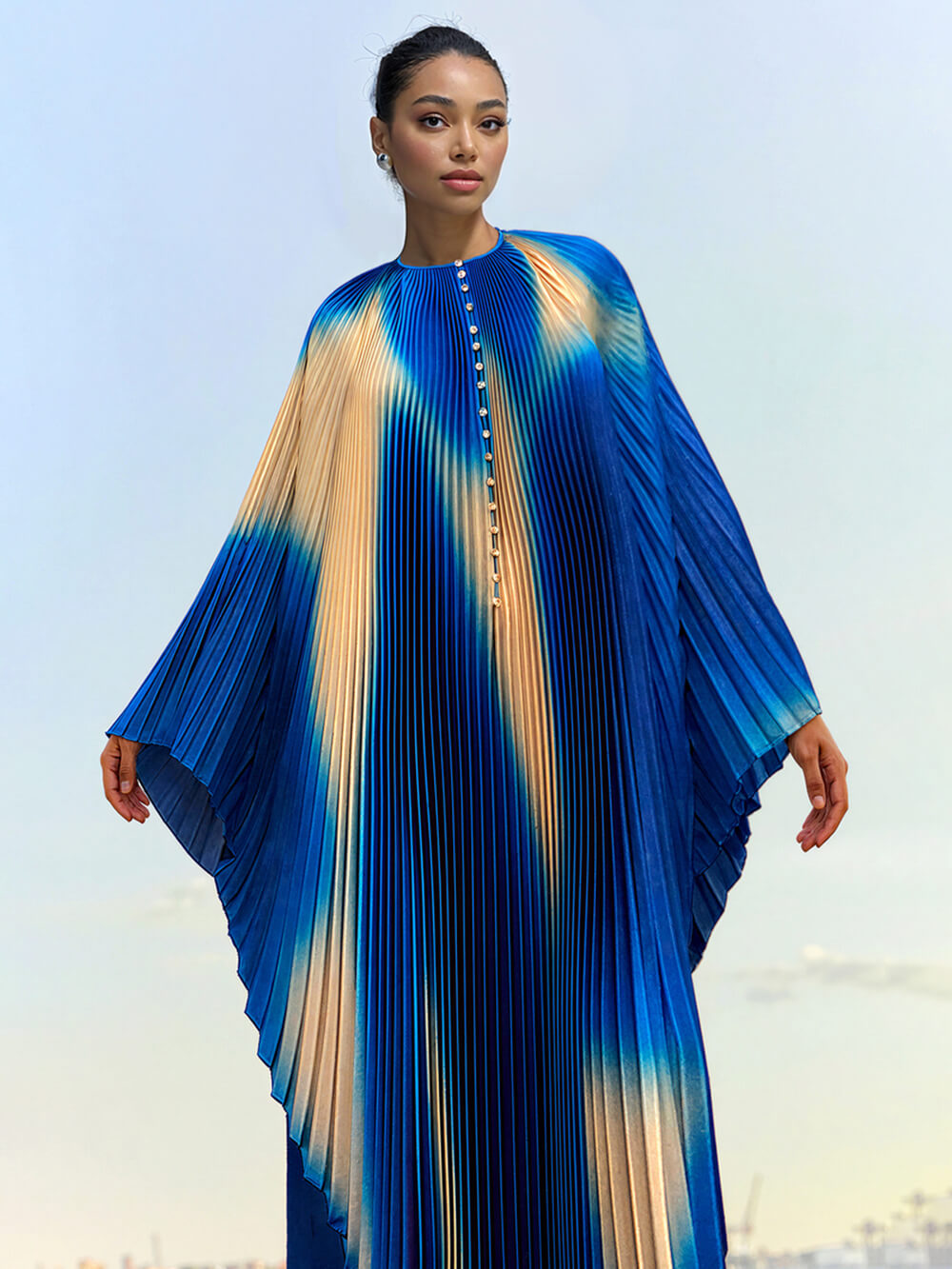 Elegant Printed Pleated Robe-Style Maxi Dress Blue