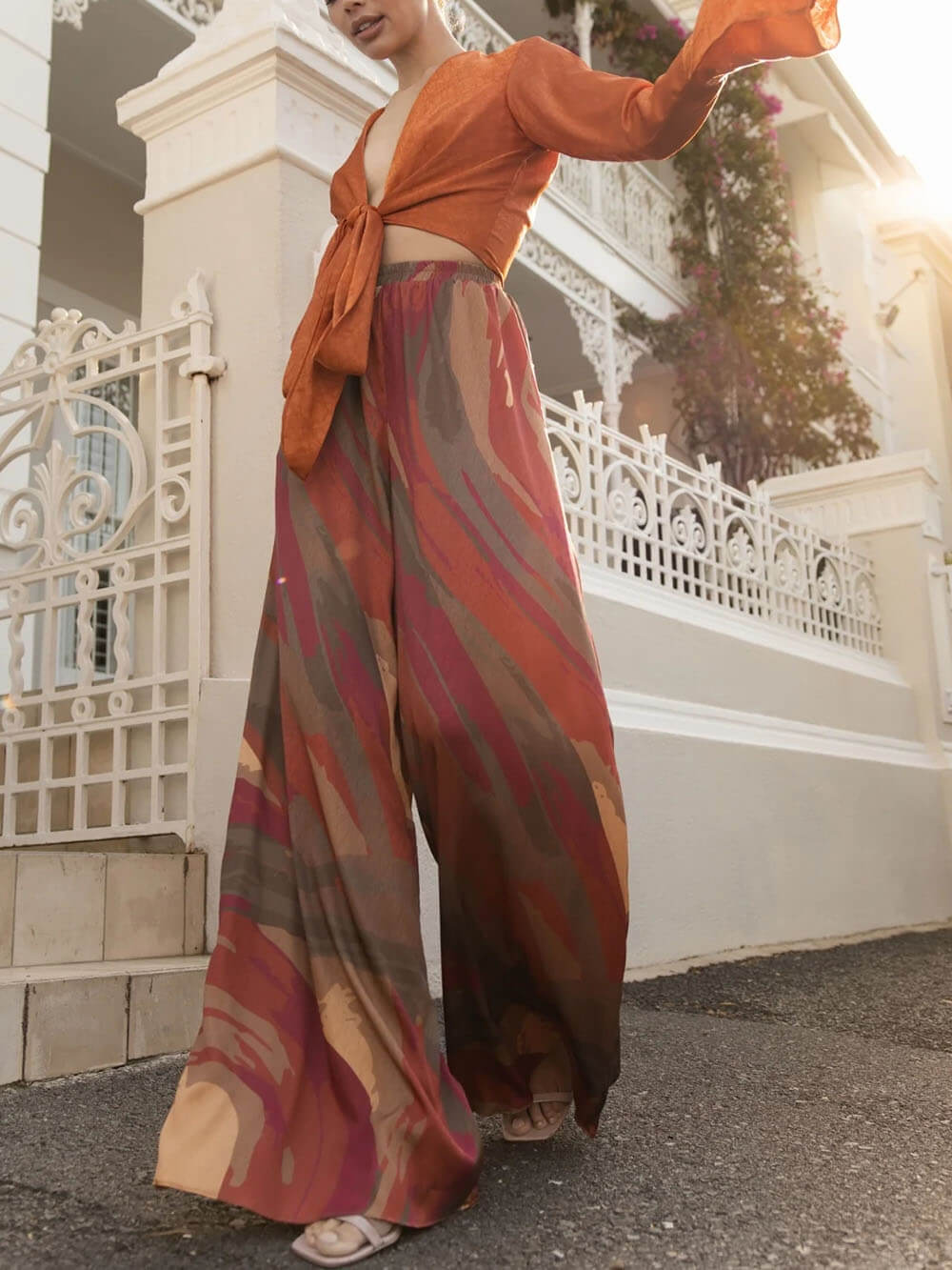 Casual Bell-Sleeve Tie-Up Top with Colorful Print High-Waisted Wide-Leg Pants Set Orange Set