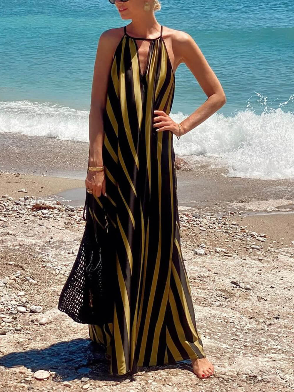 Summer Casual Contrast Stripe Print Lace-Up Holiday Maxi Dress Yellow