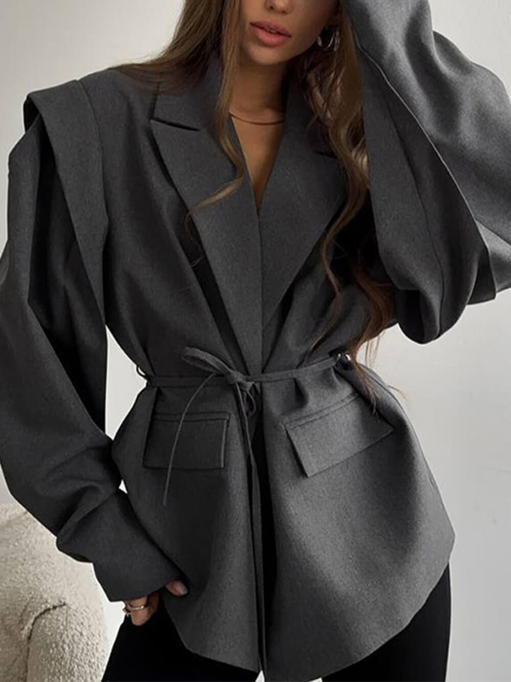 Fashion Collared Belted Loose Blazer Gray
