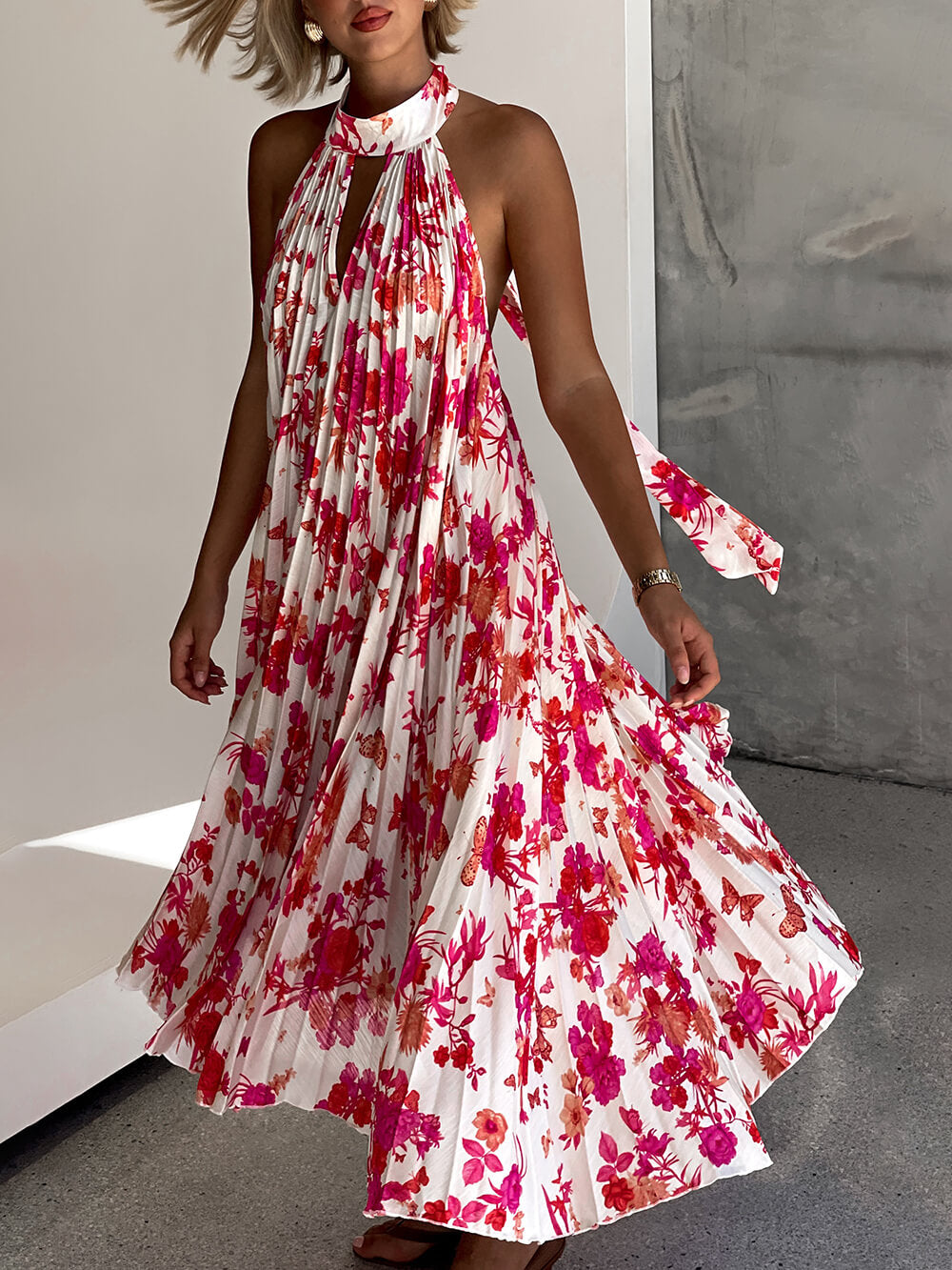 Delicate Floral Print Halter Neck Tie Hollow Pleated Midi Dress Pink