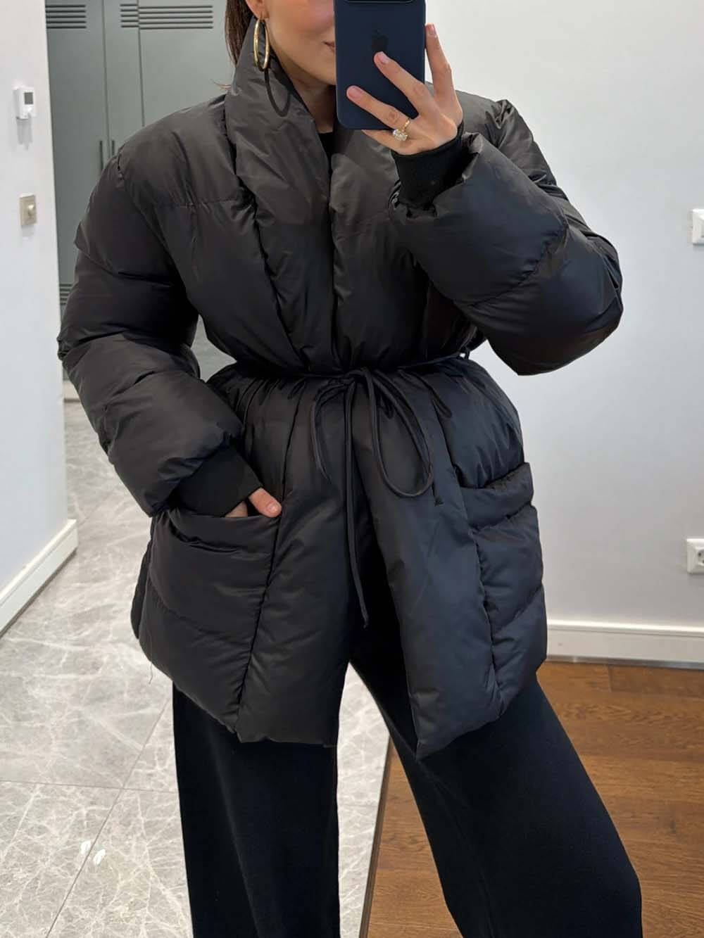 Fashion Pocket Fold-Over Puffy Lace-Up Coat Black