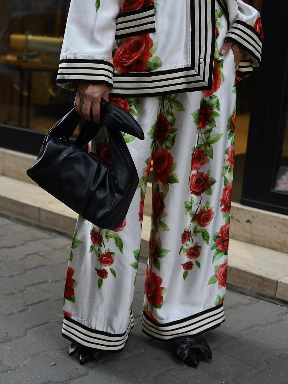 Exquisite Rose Print Ribbon-Trimmed Pockets Elastic Waist Wide-Leg Pants White
