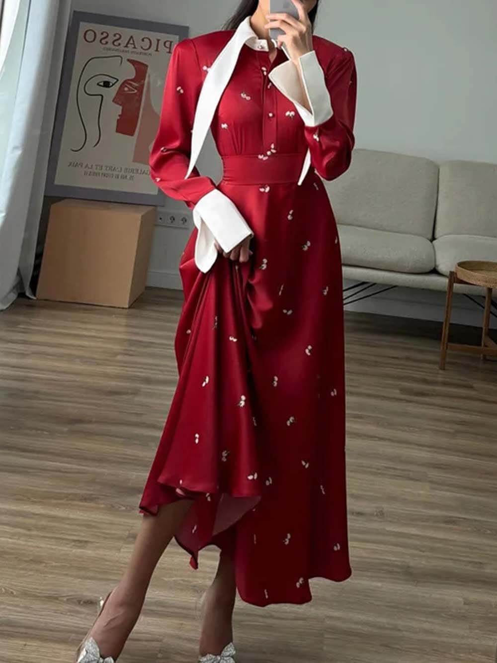 Elegant Patchwork Print Satin Dress Red