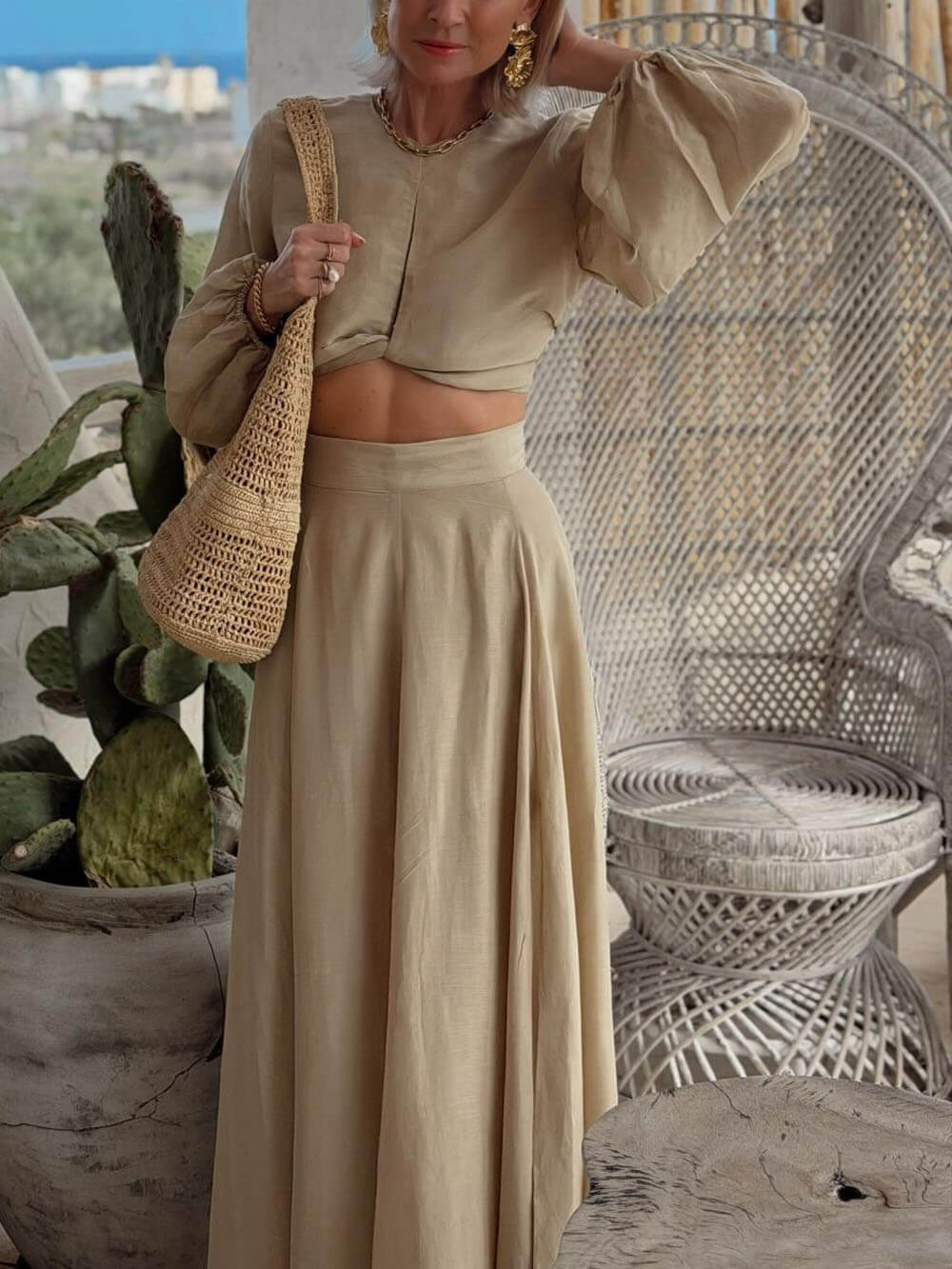 Bohemian Lantern Sleeve Tie-Front Top And High-Waisted Skirt Set Apricot