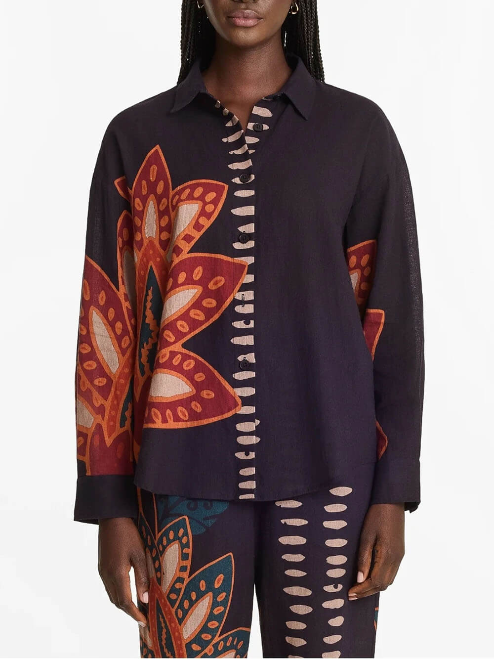Exquisite Floral Print Linen Button-Down Loose Top