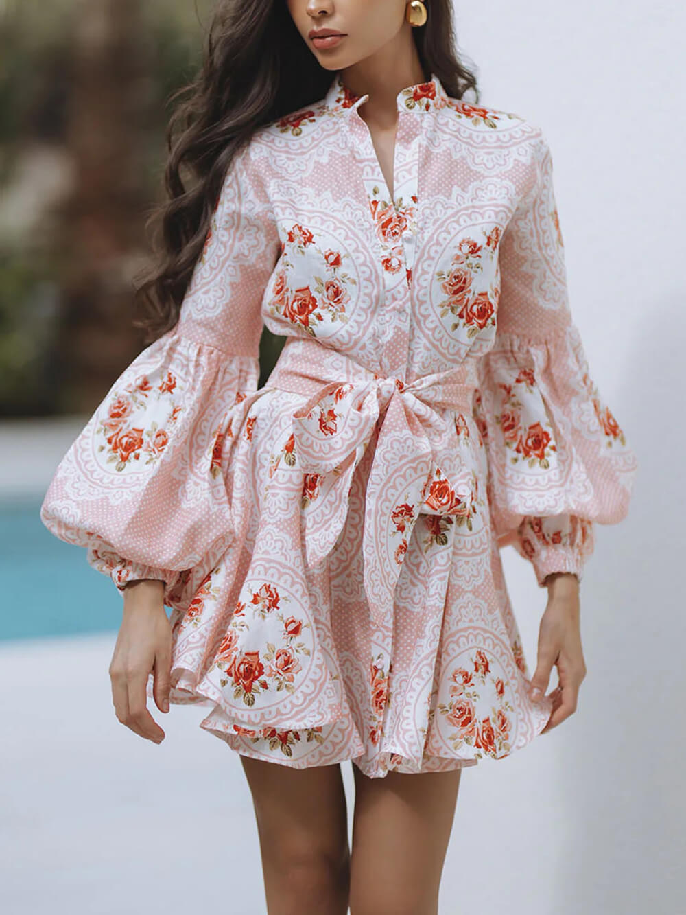Elegant Rose Print Bow-Embellished Linen Mini Dress Pink