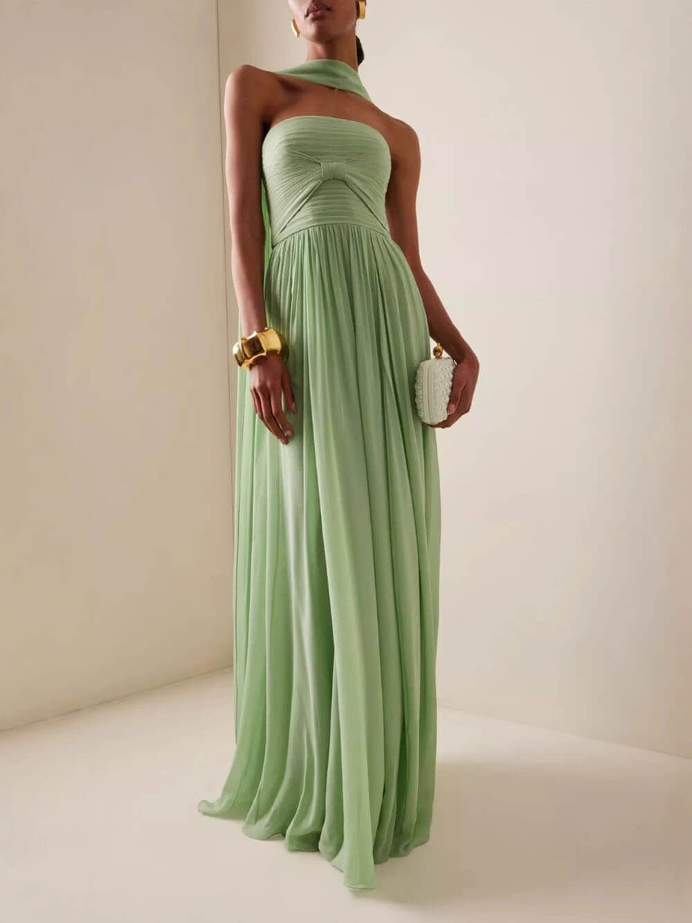 Elegant Sleeveless Pleated Long Skirt With Ribbon Strapless Dress Light Green
