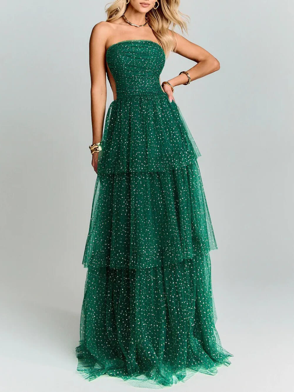 Elegant Green Polka Dot Layered Tulle Party Maxi Dress Green