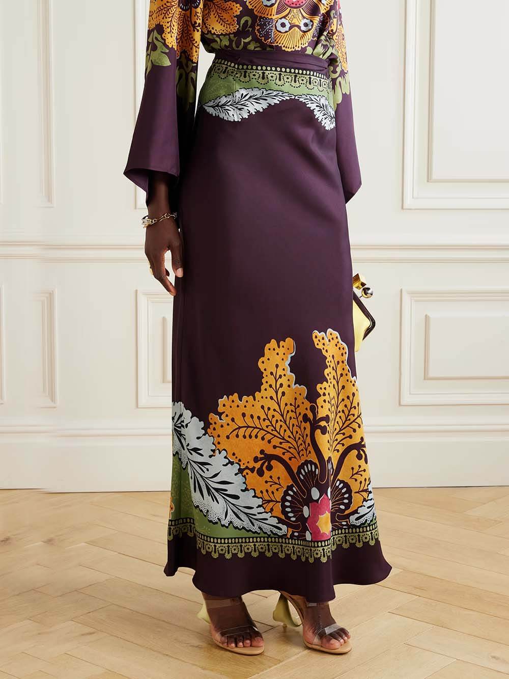 Retro Ethnic Print Satin Twill Maxi Skirt Multi