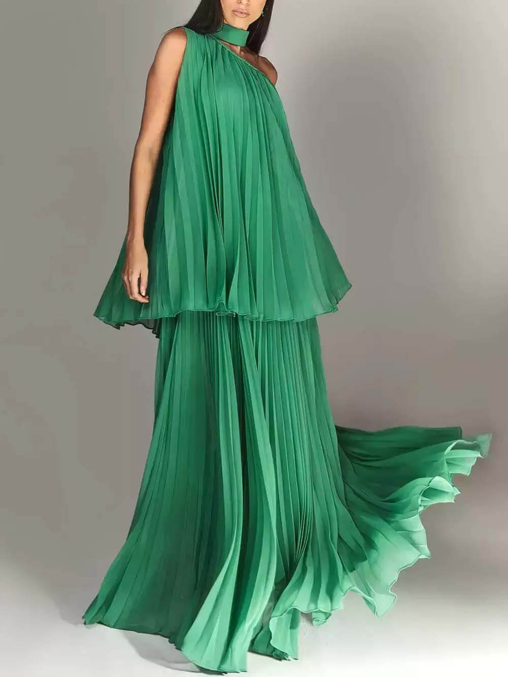 Elegant Ruched Off-Shoulder Layered Party Maxi Dress Green