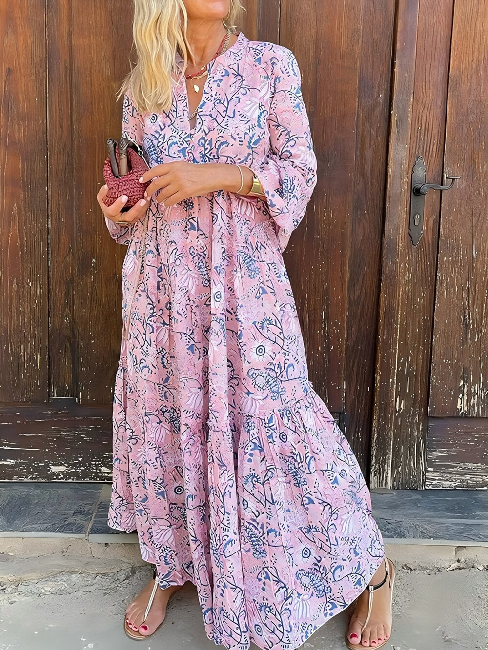 Fashionable Floral Print Loose V-Neck Holiday Maxi Dress Pink
