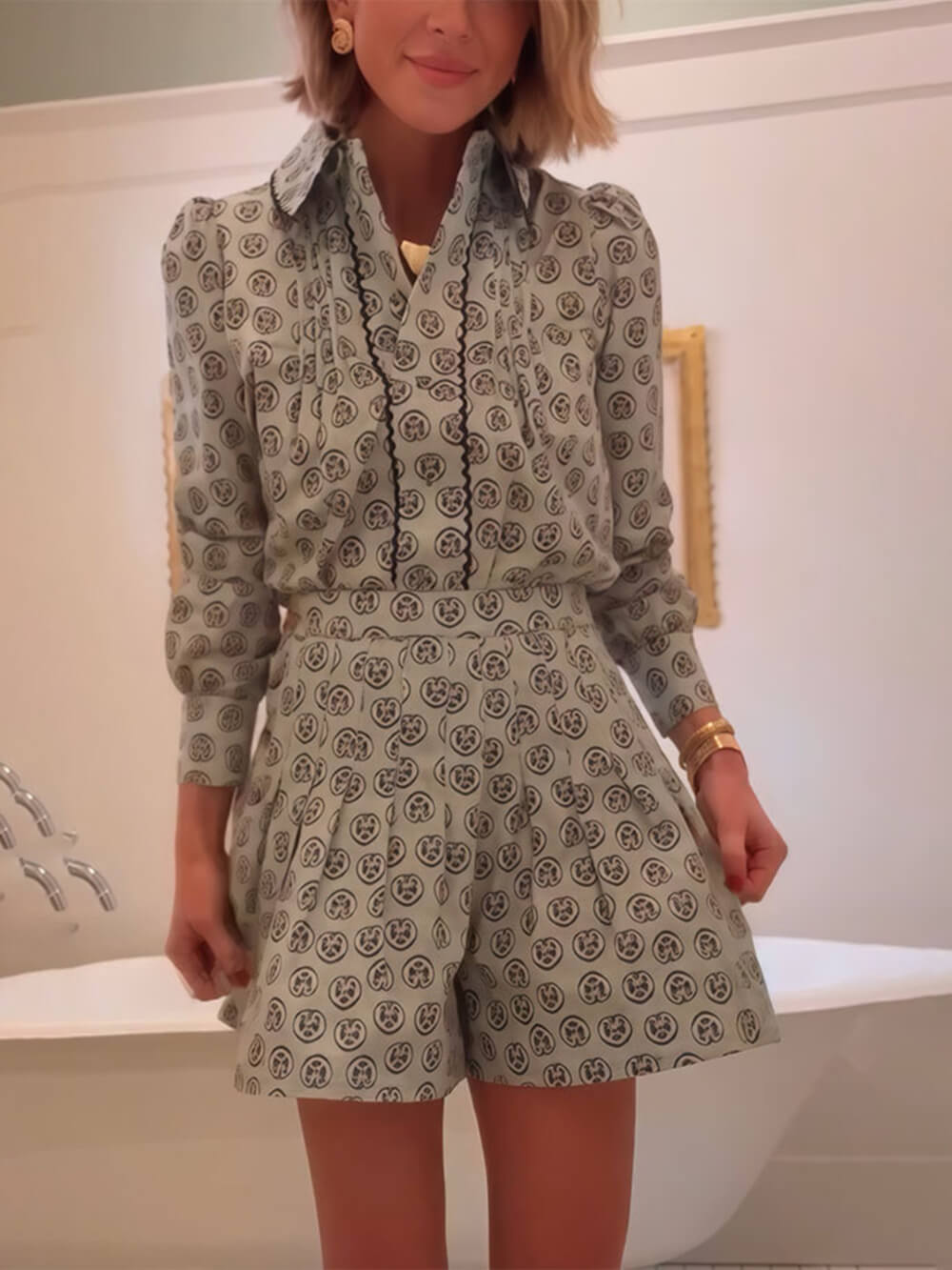 Retro Print Collared Long-Sleeve Shirt and High-Waisted Shorts Set Green