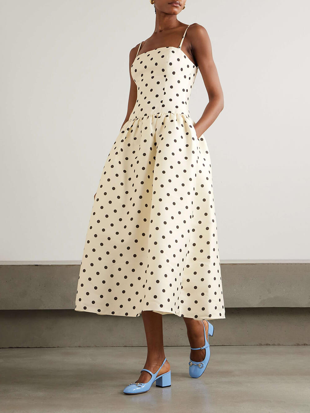 Classic Polka-Dot Print Satin Midi Dress White