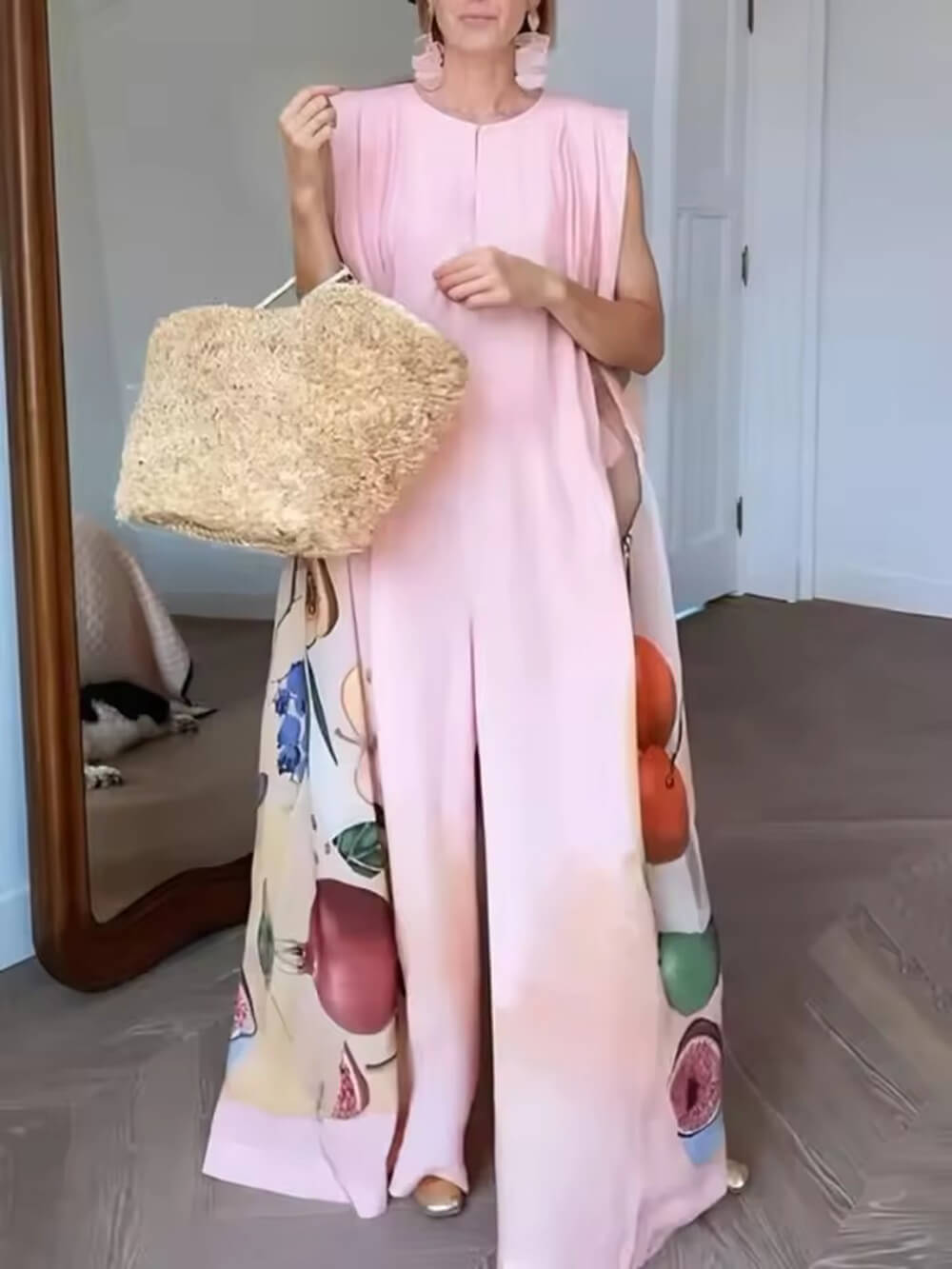 Fashion Fruit Print Sleeveless Wide-Leg Jumpsuit Pink