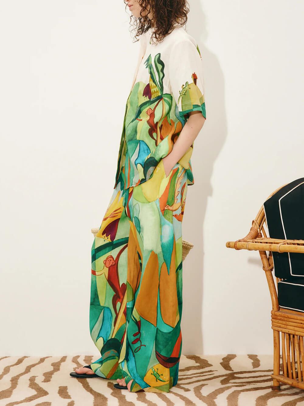 Unique Modern Linen Abstract Print Button-Up Shirt And Loose Wide-Leg Pants Set