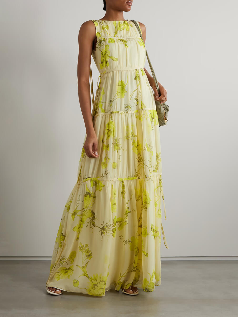 Vintage Bloom Tie-Front Layered Floral Print Chiffon Casual Maxi Dress Yellow
