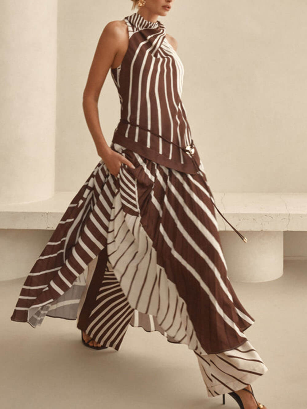 Elegant Striped Print Asymmetrical Hem Pleated Maxi Dress Brown