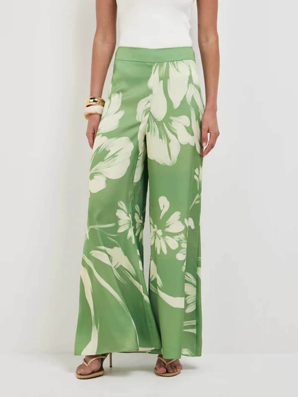 Modern Satin Abstract Floral Print Bell-Bottom Pants Green