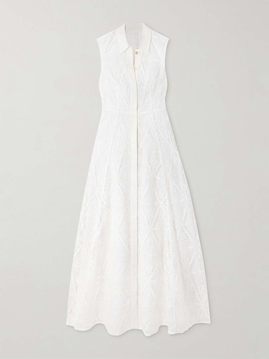 Exquisite Guipure Raised Floral Lace Maxi Shirt Dress
