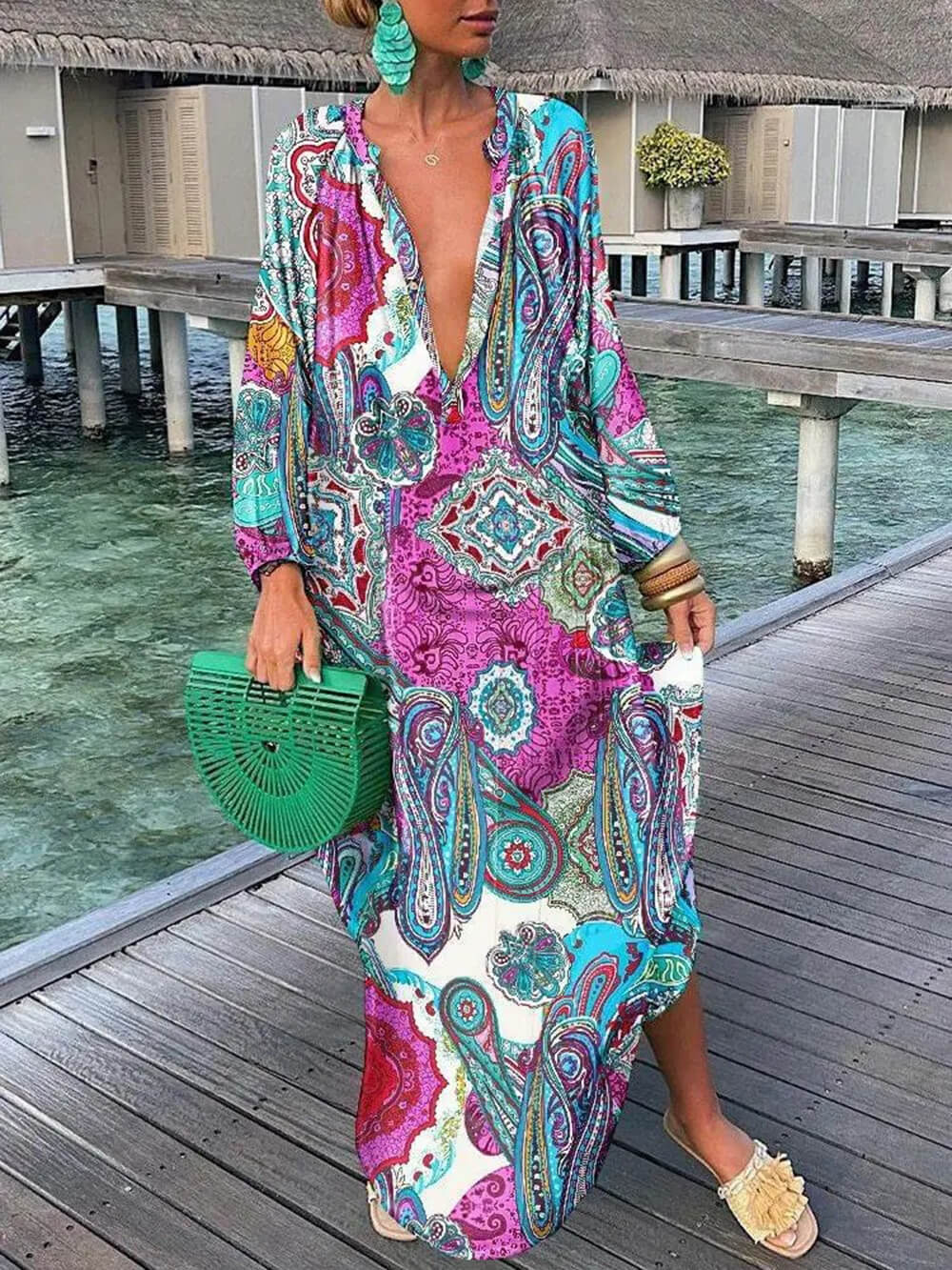 Bohemian V-Neck Printed Maxi Dress Multicolor